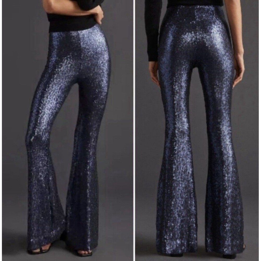ANTHROPOLOGIE Joni Navy Blue Sequin Flare Pants High Rise Lined 6 Side Zip Party